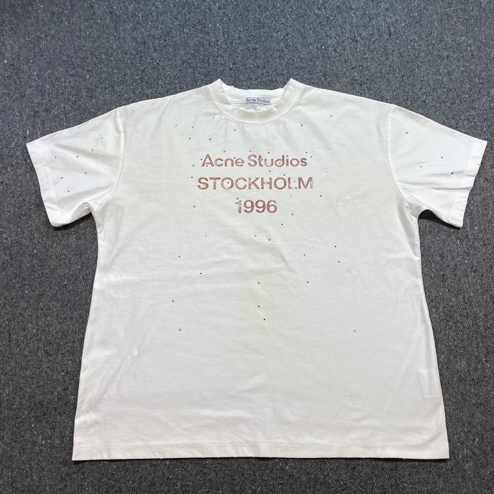 Acne Studios Stockholm 1996 TShirt Sz L Womens White Grunge Rhinestone Logo